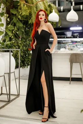 Black Strapless V-Neck Jumpsuit