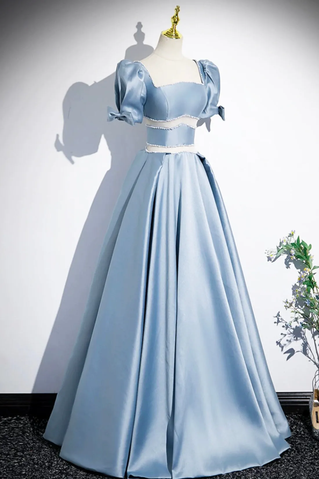 Blue Satin Long Prom Dress, A-Line Short Sleeve Blue Evening Dress
