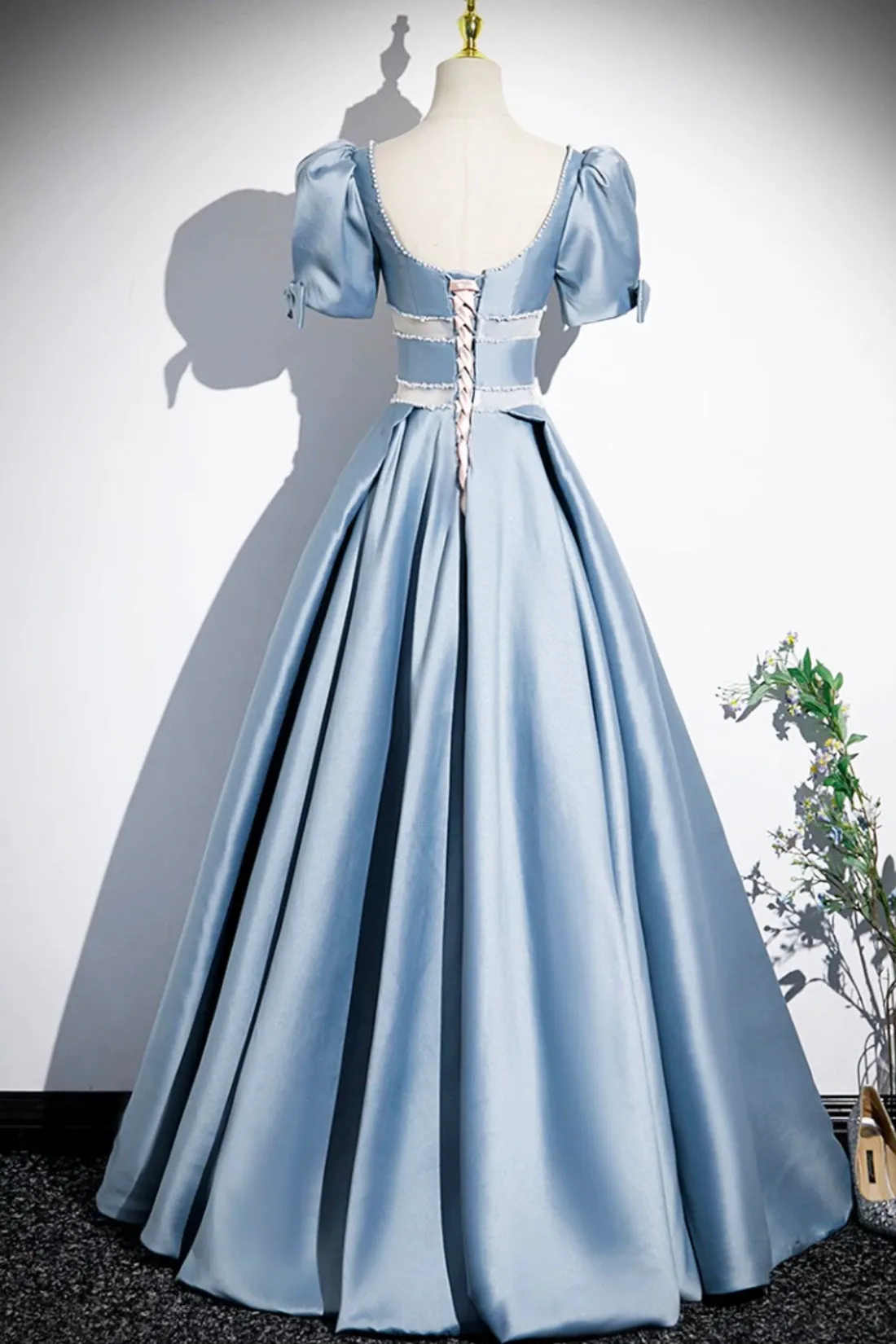 Blue Satin Long Prom Dress, A-Line Short Sleeve Blue Evening Dress