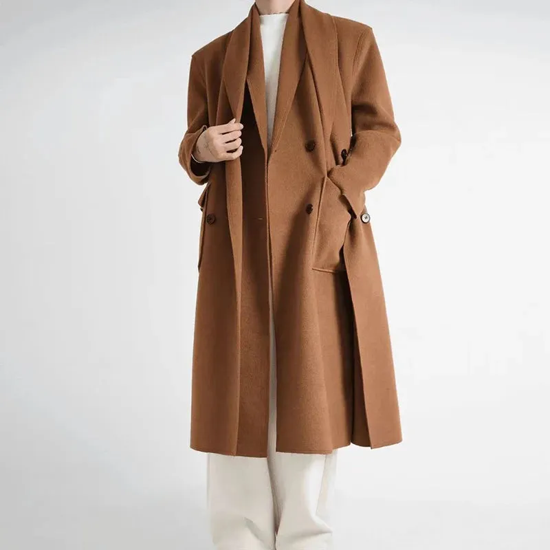 Chicmy-Luxury Fake Two Piece Long Woolen Trench Coat Men Winter Fashion Chic Lapel Overcoat Unisex Business Casual Streetwear