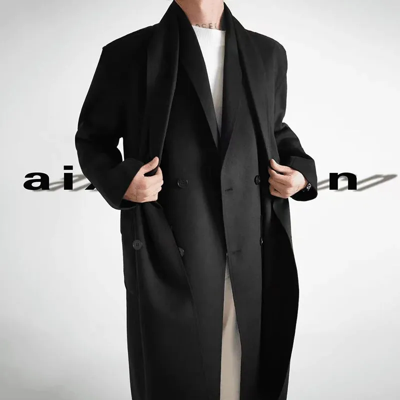 Chicmy-Luxury Fake Two Piece Long Woolen Trench Coat Men Winter Fashion Chic Lapel Overcoat Unisex Business Casual Streetwear