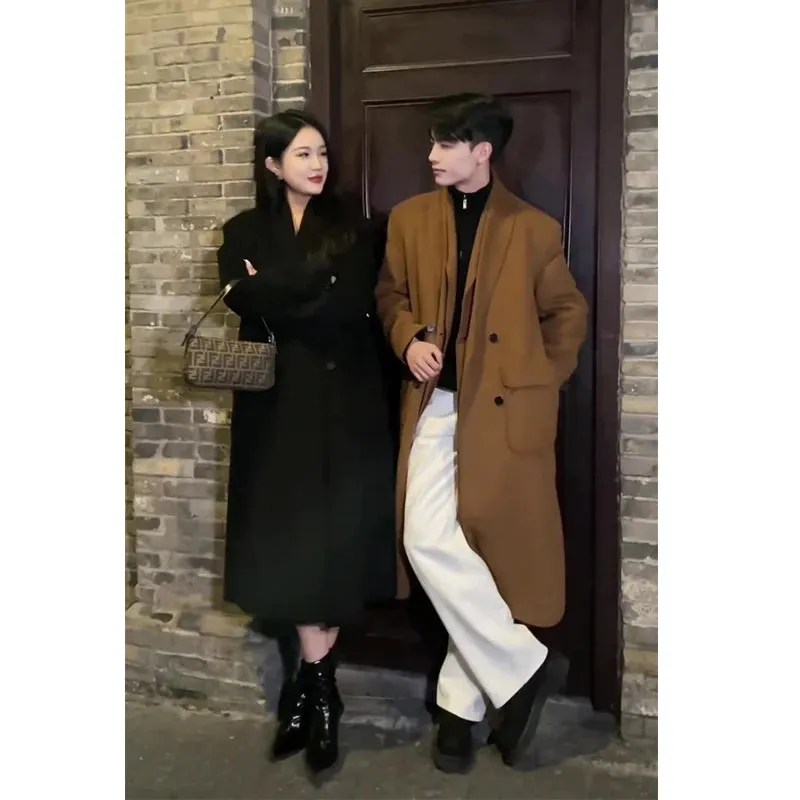 Chicmy-Luxury Fake Two Piece Long Woolen Trench Coat Men Winter Fashion Chic Lapel Overcoat Unisex Business Casual Streetwear