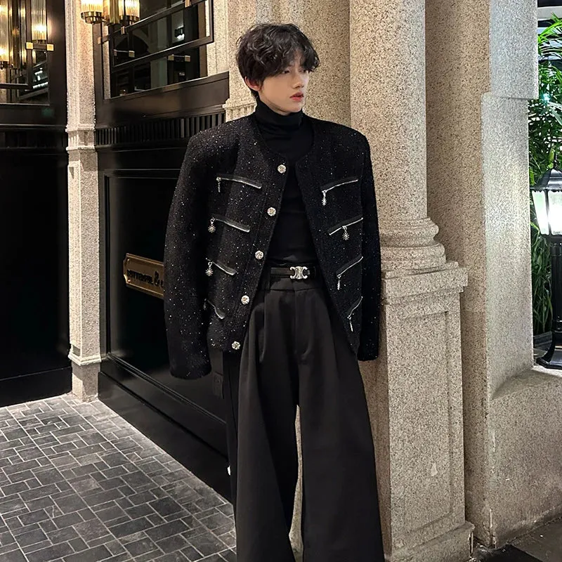 Chicmy-Men's Elegant Jacket Korean Style Luxury Short Suit Coat Fashion Multi-zipper Sequin Design Trend Male Casual Jackets White
