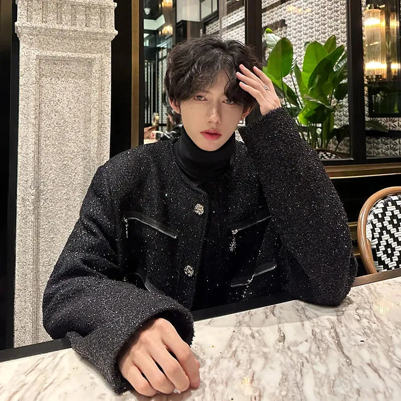 Chicmy-Men's Elegant Jacket Korean Style Luxury Short Suit Coat Fashion Multi-zipper Sequin Design Trend Male Casual Jackets White