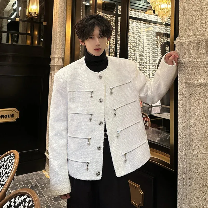 Chicmy-Men's Elegant Jacket Korean Style Luxury Short Suit Coat Fashion Multi-zipper Sequin Design Trend Male Casual Jackets White