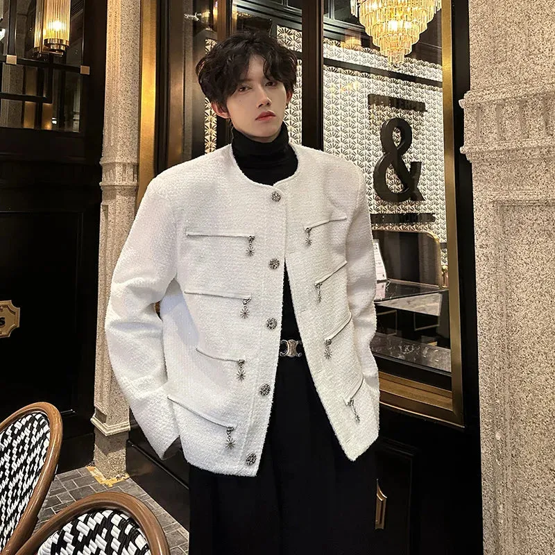 Chicmy-Men's Elegant Jacket Korean Style Luxury Short Suit Coat Fashion Multi-zipper Sequin Design Trend Male Casual Jackets White