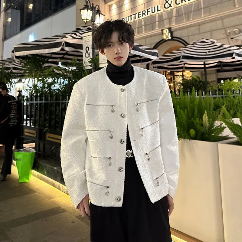 Chicmy-Men's Elegant Jacket Korean Style Luxury Short Suit Coat Fashion Multi-zipper Sequin Design Trend Male Casual Jackets White