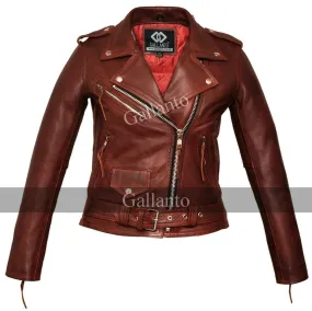 Classic Ladies Red Marlon Brando Women Motorcycle Leather Jacket