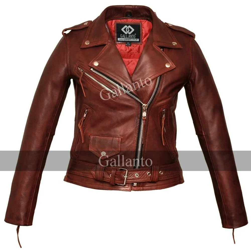 Classic Ladies Red Marlon Brando Women Motorcycle Leather Jacket
