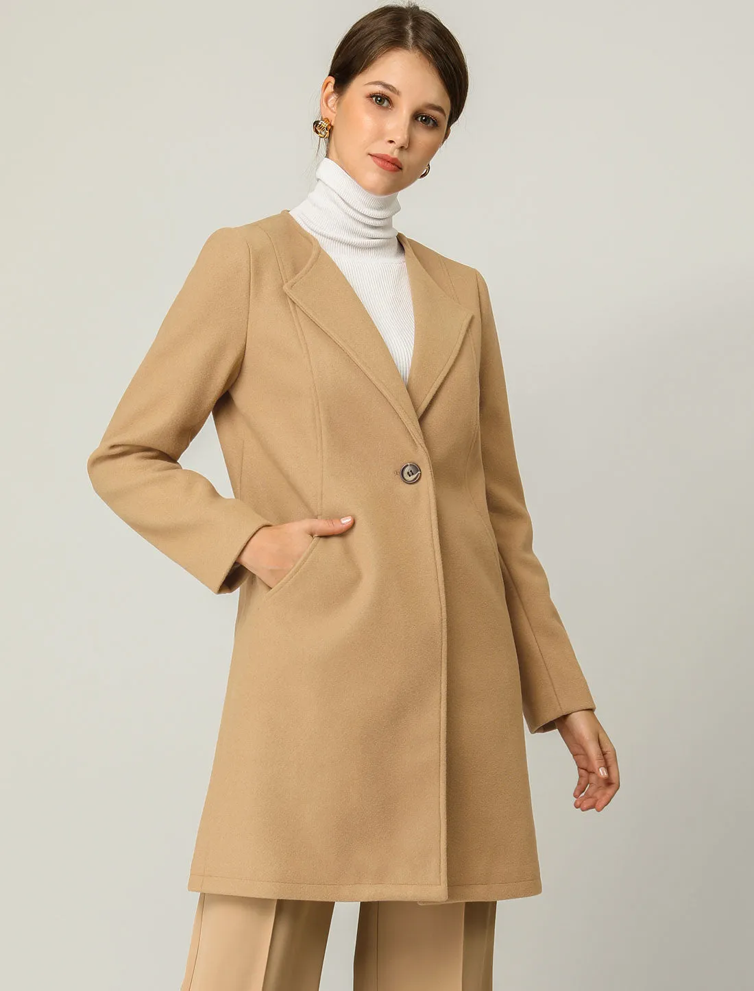 Mid-thigh Collarless Overcoat Single Breasted Outwear Winter Coat