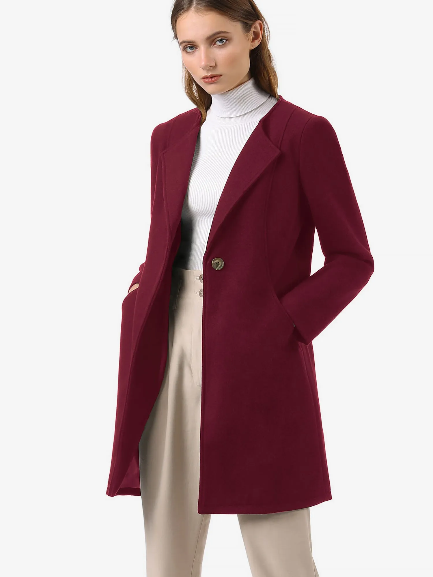 Mid-thigh Collarless Overcoat Single Breasted Outwear Winter Coat