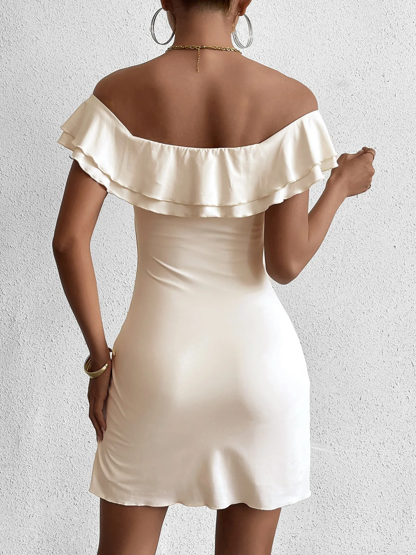 Off Shoulder Ruched Twist Front Mini Dress