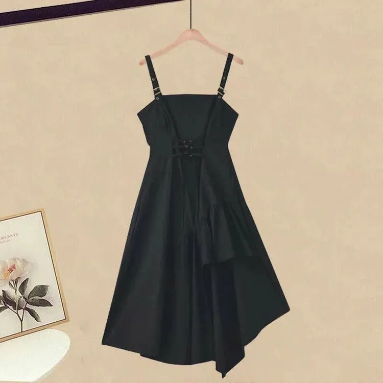 Preppy Pocket Tie Shirt and Irregular Lace Up Slip Dress Two Piece Set: A Classic Look for Any Occasion