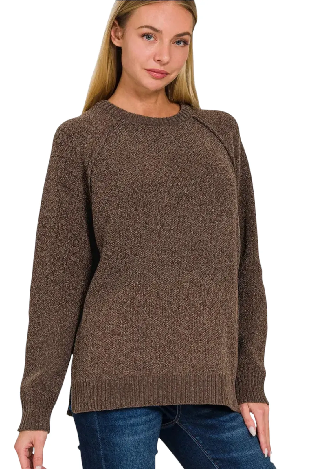 Round Neck Raglan Chenille Sweater