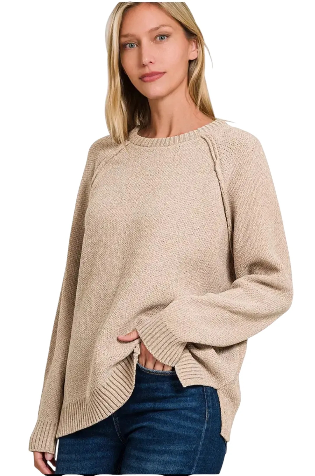 Round Neck Raglan Chenille Sweater