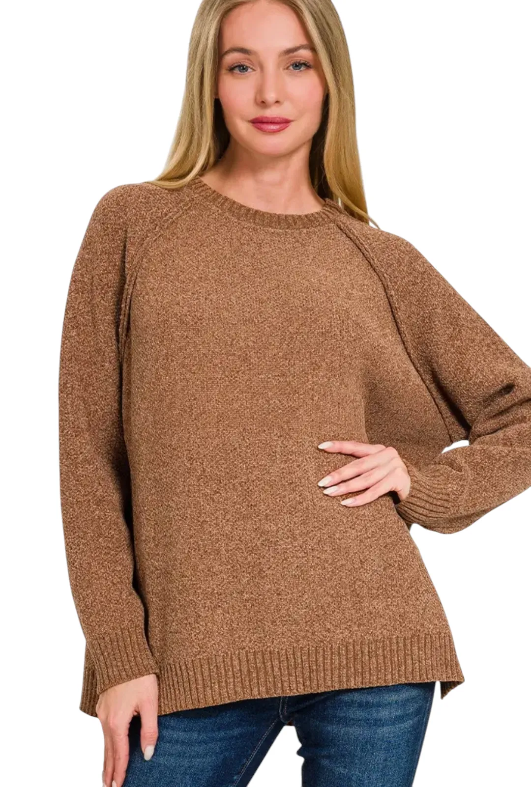 Round Neck Raglan Chenille Sweater