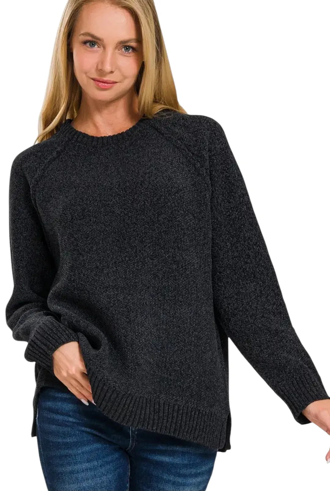 Round Neck Raglan Chenille Sweater