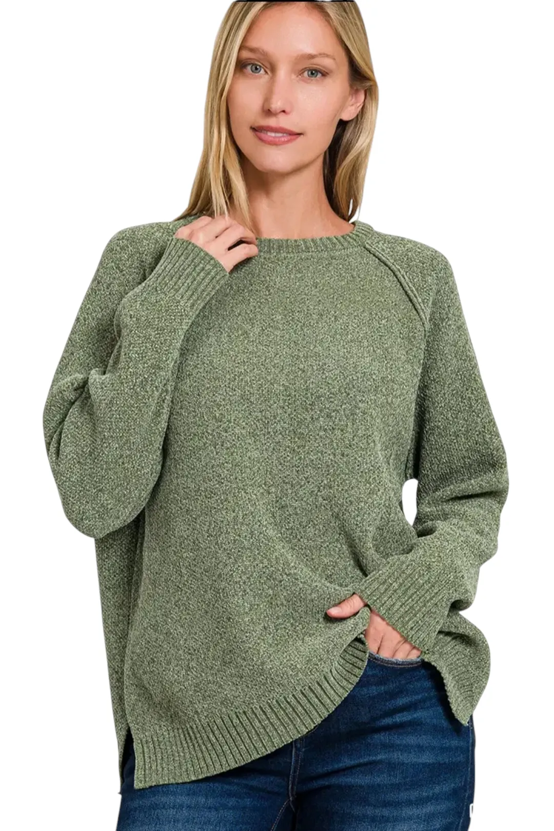 Round Neck Raglan Chenille Sweater