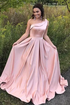 Simple Elegant One Shoulder Pink Prom Dress with Pockets