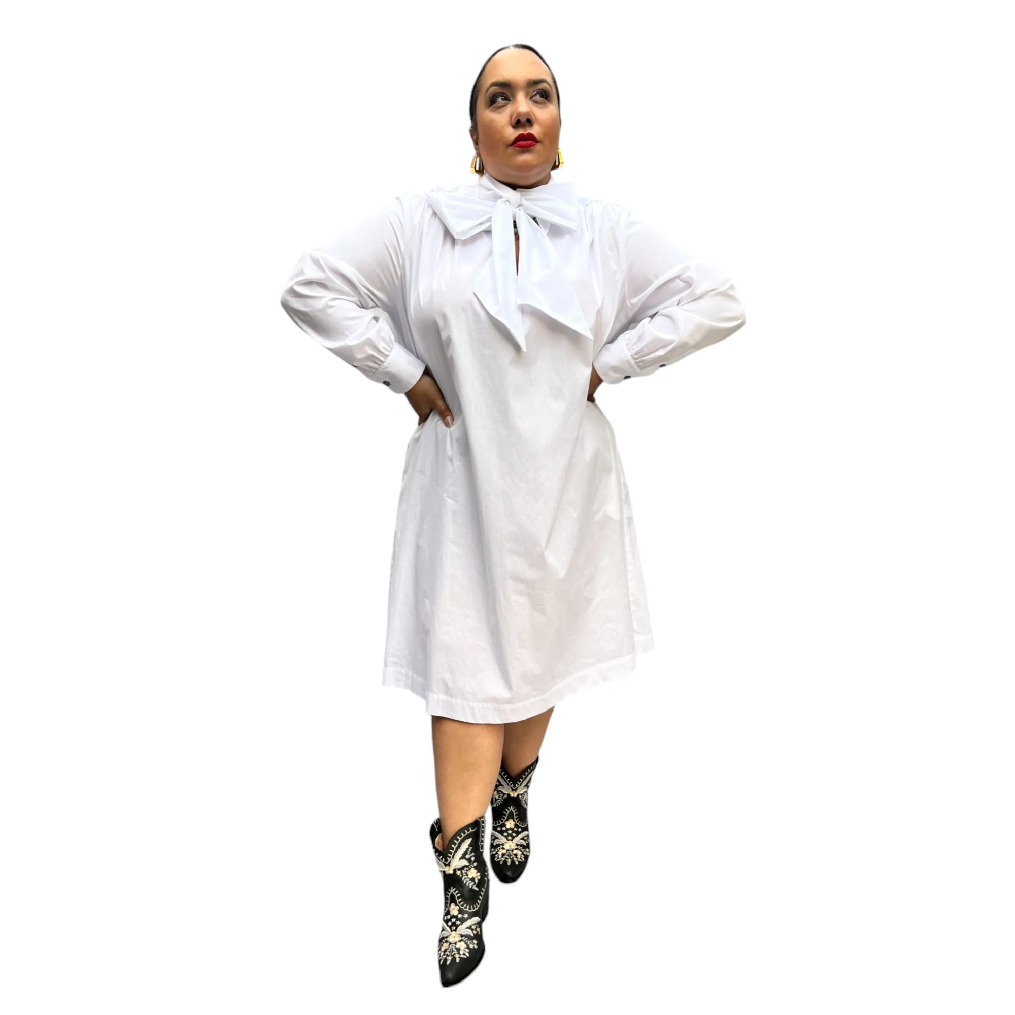 The Marion Cotton Poplin Tie Neck Dress- White