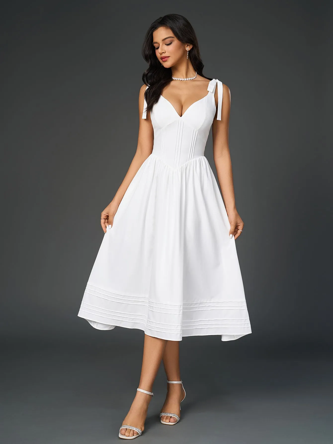Tie Shoulder V-Neck Pleated Pocket Solid Dress