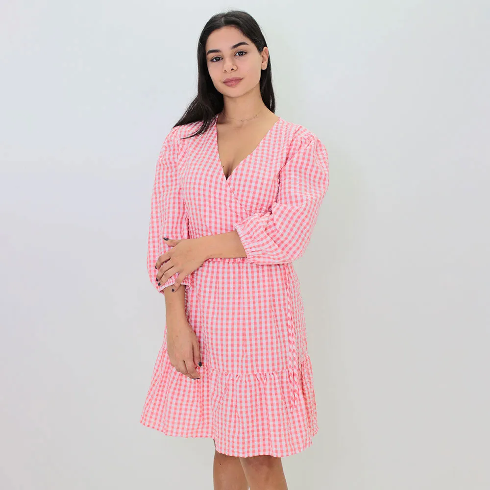 Women's Plaid Short Dress,Pink/White